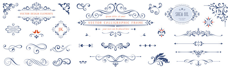 Collection of luxury frames, borders and corners with ornate swirls. Good for greeting cards, wedding invitations, restaurant menu, royal certificates and graphic design. - 718725216