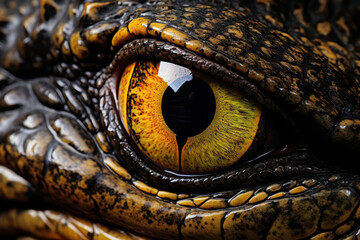 Naklejka premium Macro photo of a crocodile's eye, focusing on the rugged texture and intense stare