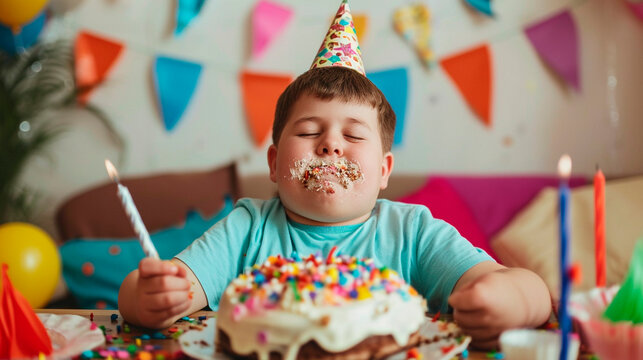 Fat child eating birthday cake. Selective focus.