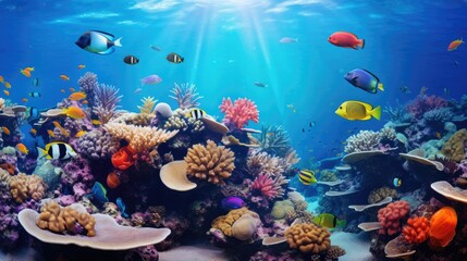 Naklejka na ściany i meble Tropical sea underwater panorama. Generative AI