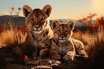 A tigress with a tiger cub - obrazy, fototapety, plakaty