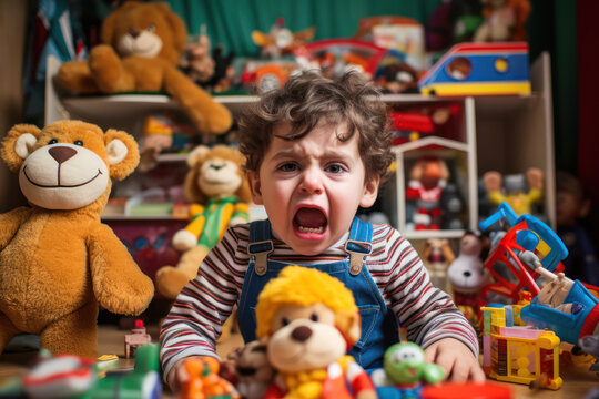 
Photo of a 3-year-old Brazilian boy having a tantrum in a daycare playroom, surrounded by toys