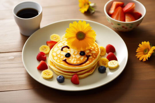 
Photograph of a breakfast plate with a Japanese-style pancake arranged to look like a smiling flower with fruit petals