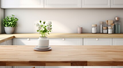 Wooden table in modern kitchen. Generative AI