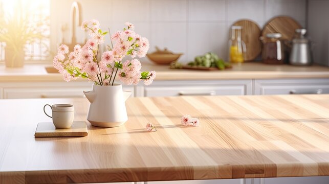 Wood table in modern kitchen. Generative AI