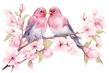 Spring branch with abstract birds, pink flowers, delicate watercolor print isolated on white background, romantic illustration for your design card, invitation, greeting card, wedding, birthday.