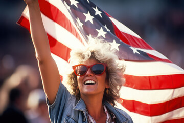Photograph of a middle-aged American woman, aged 45, waving the United States flag at a national event, showing a sense of pride