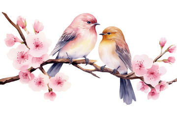 Spring branch with abstract birds, pink flowers, delicate watercolor print isolated on white background, romantic illustration for your design card, invitation, greeting card, wedding, birthday.