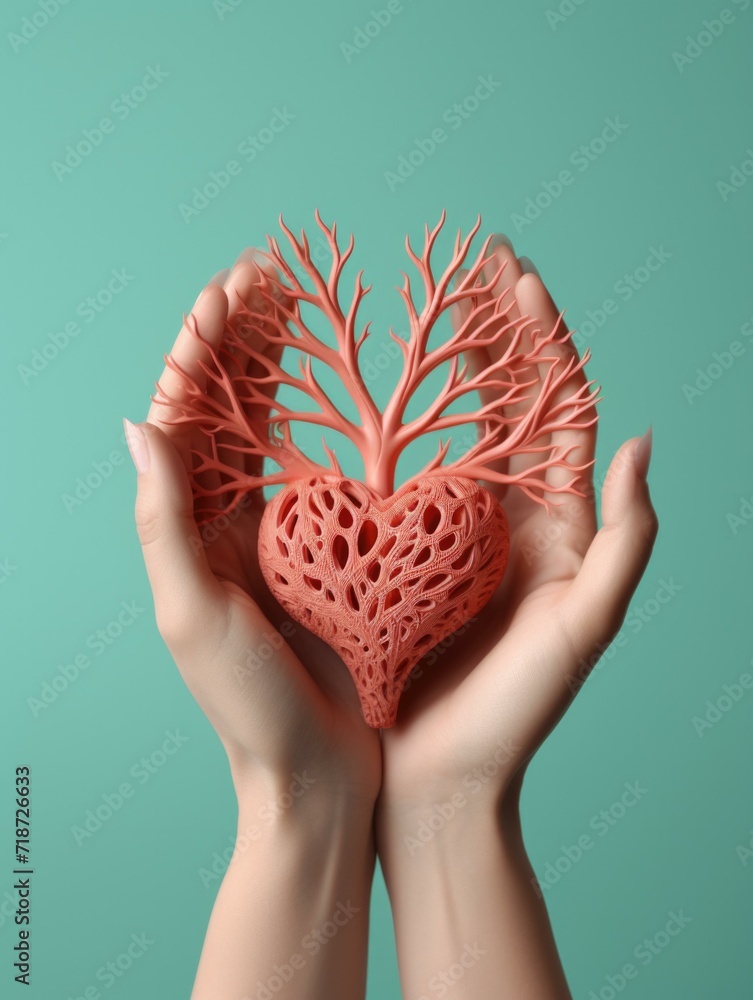 Poster hands holding a heart shaped tree with branches. generative ai.