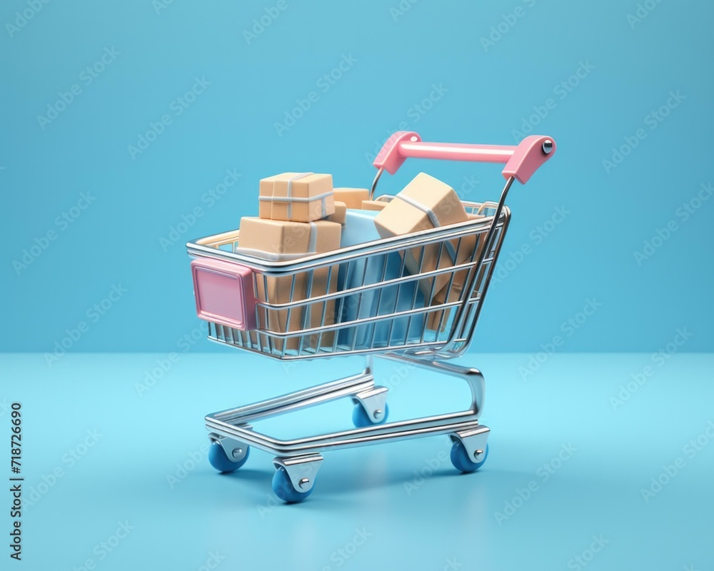 Poster shopping cart with boxes on blue background 3d rendering. generative ai.