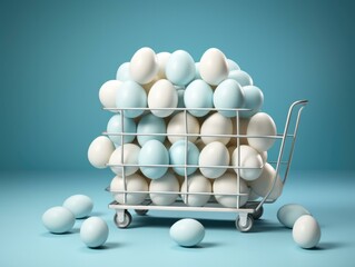 A cart full of white eggs on a blue background. Generative AI.