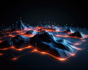 3d rendering of a mountain range with glowing lines. Generative AI.