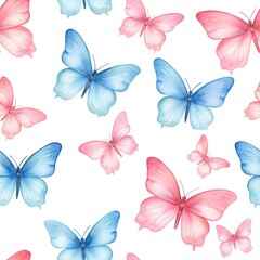 Fototapeta na wymiar Group of Blue and Pink Butterflies on White Background