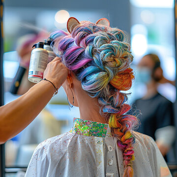 rear view of hair model , beautiful rainbow hair color, hair dye, hair dresser, 