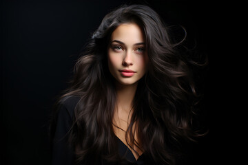 Vogue style close-up portrait of beautiful woman with long curly blond hair on black background