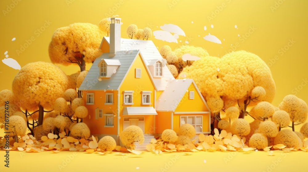 Poster 3d rendering of a house surrounded by trees. Generative AI.