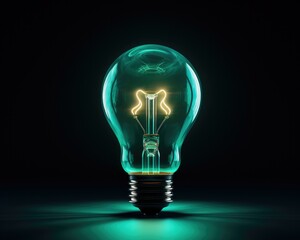 A glowing light bulb in a dark room. Generative AI.