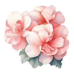 Begonia pink flower watercolor illustration. Floral blooming blossom painting on white background