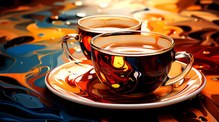 A Abstract Cups Full Of Expresso In Background, Art Style