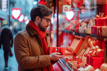 Valentine's Deliberation: Man Perusing Gifts with Care and Affection