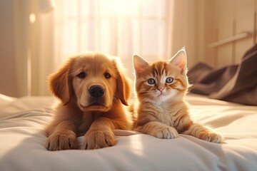 Golden Retriever puppy and a charming tabby kitten share a serene moment, lounging together on a sunlit bed. Their gazes exude warmth and companionship, capturing the essence of peaceful coexistence.
