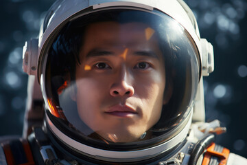 Japanese astronaut, serene expression, with a minimalist design of the space station in the background