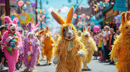 Easter parade with participants dressed as bunnies in vibrant costumes. Public celebration and Easter festivity concept for event poster
