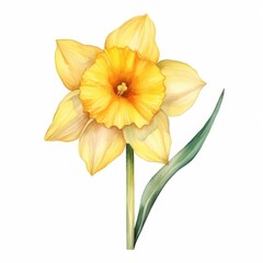 Daffodil yellow flower watercolor illustration. Floral blooming blossom painting on white background