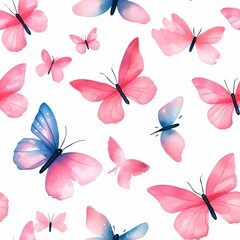 Pink and Blue Butterflies on White Background - Seamless Pattern of Beautiful Flying Insects
