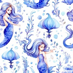 Blue-haired Mermaid Watercolor Painting