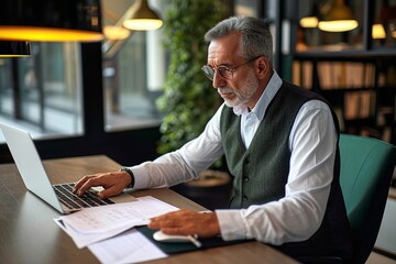 Older Indian business man, busy mature executive manager holding financial accounting papers checking banking income documents file report using laptop computer working in office, Generative AI