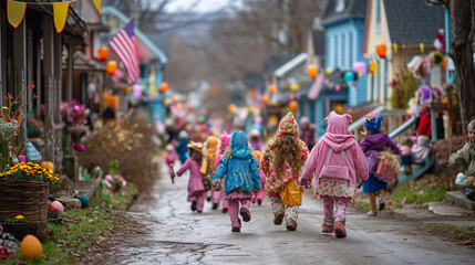 Children dressed in colorful outfits for an Easter parade on a village street. Community celebration and festive spirit concept for local news
