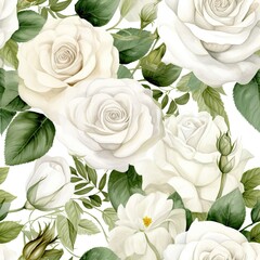 White Roses With Green Leaves on a White Background - Seamless Pattern