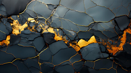 A black and gold marble Rough surface. black marble natural stone with golden cracks