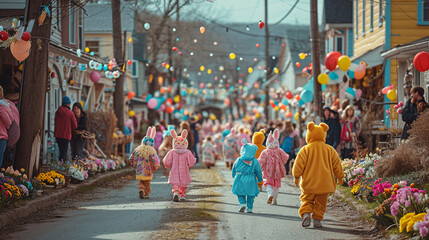 Children in bunny costumes walking down a decorated street during an Easter parade. Festive celebration and springtime community event concept
