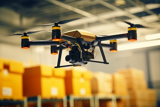 Future of mobility futuristic drone technology, retail trade delivery services. AIX (Artificial Intelligence Experience) innovation. Logistics efficient environment friendly package delivery amenity.