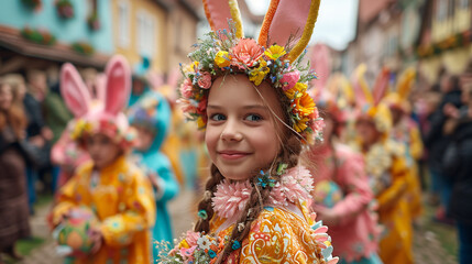 Girl in Easter bunny costume with a floral headband during a festive parade. Spring celebration and holiday spirit concept for greeting card design
