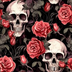 Abundance of Skulls and Roses on Black Background Seamless Pattern