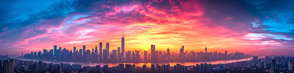Fototapeta premium Cityscape at dusk with colorful cloudscape. Panorama of skyscrapers reflecting sunset glow. Urban development and architecture concept for wallpaper 