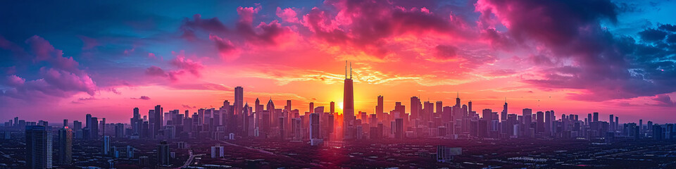 Fototapeta na wymiar Urban skyline at sunrise with vibrant sky. Wide-angle view of city buildings in morning light. City awakening and real estate concept for print and design 