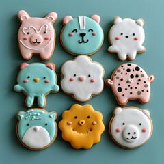 Cute tasty baby shower cookies of different shapes on light blue wooden background, flat lay. Baby shower party