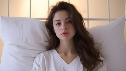 Close up shot of beautiful teenage woman wake up on the bed in morning, wear white pajamas.
