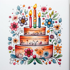 illustration of multicolor birthday cake with flowers and candles , unique creative art