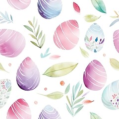 Watercolor Easter Eggs and Leaves on White Background