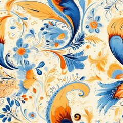 Fototapeta na wymiar Seamless Pattern of Blue and Orange Flowers on a White Background