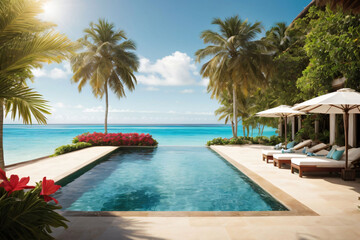 Tropical ocean beach waves. Seaside landscape with dreamy Caribbean shore 