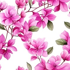Pink Flowers and Green Leaves on a White Background