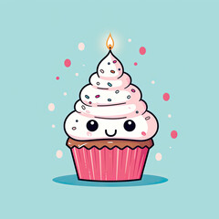 cute cartoon birthday cupcake with blue background