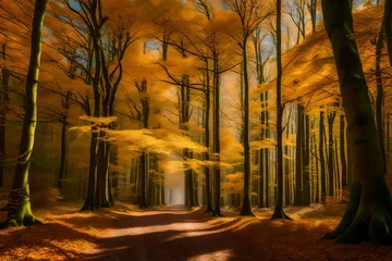 Fototapeten Path with Beech trees on each side in a a forest during a beautiful fall day in the Veluwe nature reserve in Hoog Buurlo © Muhammad