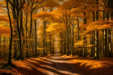 Fototapeten Path with Beech trees on each side in a a forest during a beautiful fall day in the Veluwe nature reserve in Hoog Buurlo. © Muhammad